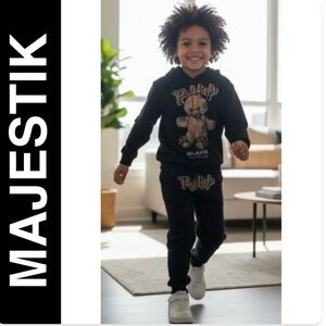 MAJESTIK Black Rhinestone FLY HIGH Bear Sweat Suit Child Set Size 7-8T NWOT